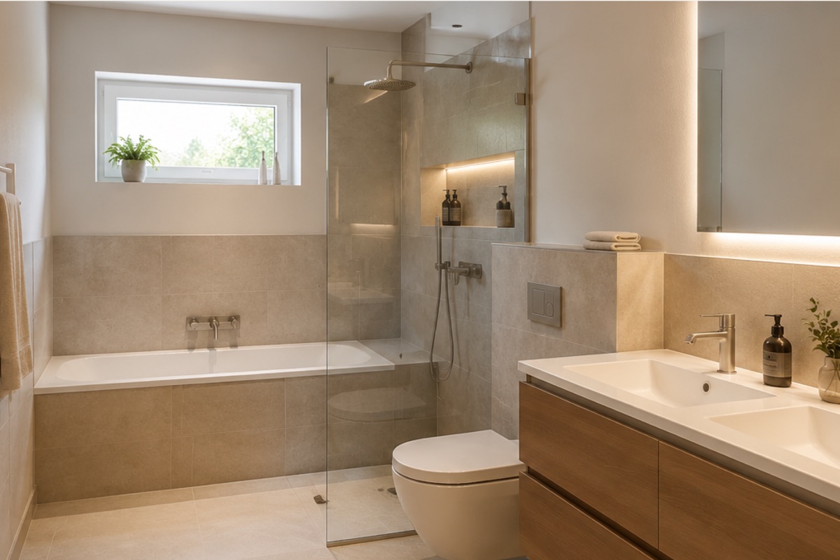 Visualisierung: Bad mit Wanne, ebenerdiger Dusche und Doppelwaschtisch