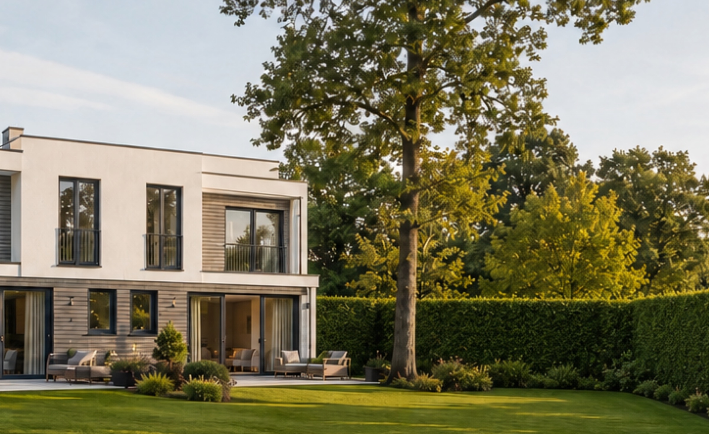 Visualisierung: Gartenseite des geplanten Doppelhauses in Teltow im Abendlicht, mit Terrasse, Rasen, hoher Hecke und altem Baum