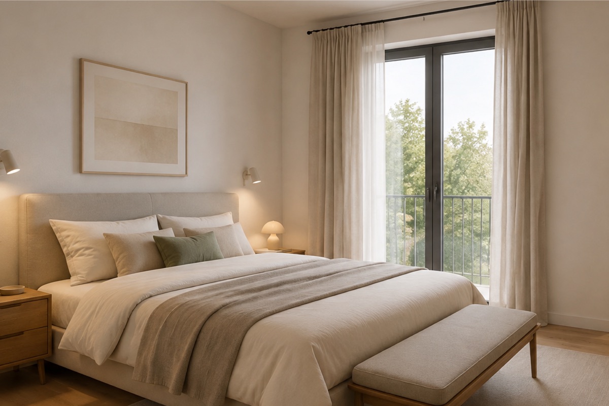 Visualisierung: Elternschlafzimmer mit Bett und bodentiefem Fenster mit französischem Balkon