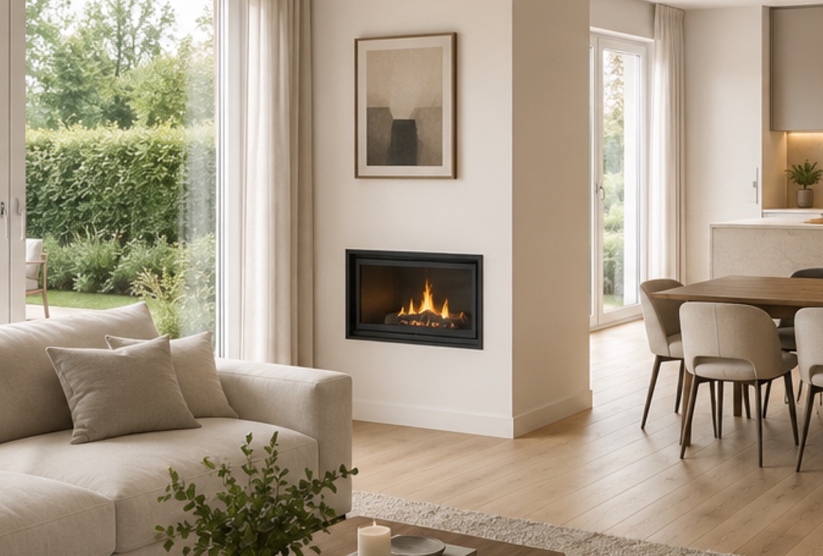 Visualisierung: Wohnbereich mit Sofa, optionalem Kamin und Blick in den Garten, dahinter der Essplatz